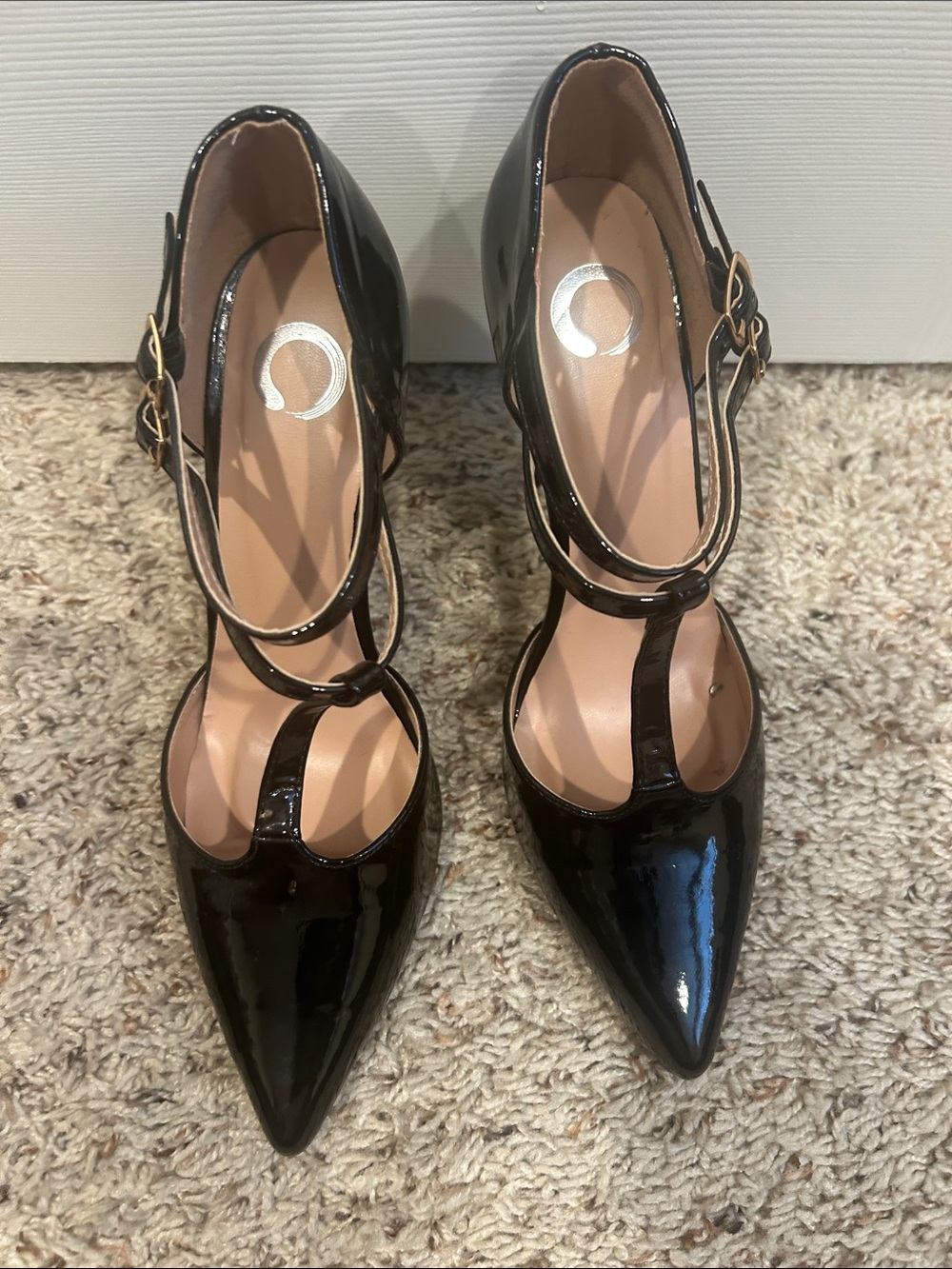 Mix No. 6 Black Patent T-Strap Pointed-Toe Heels